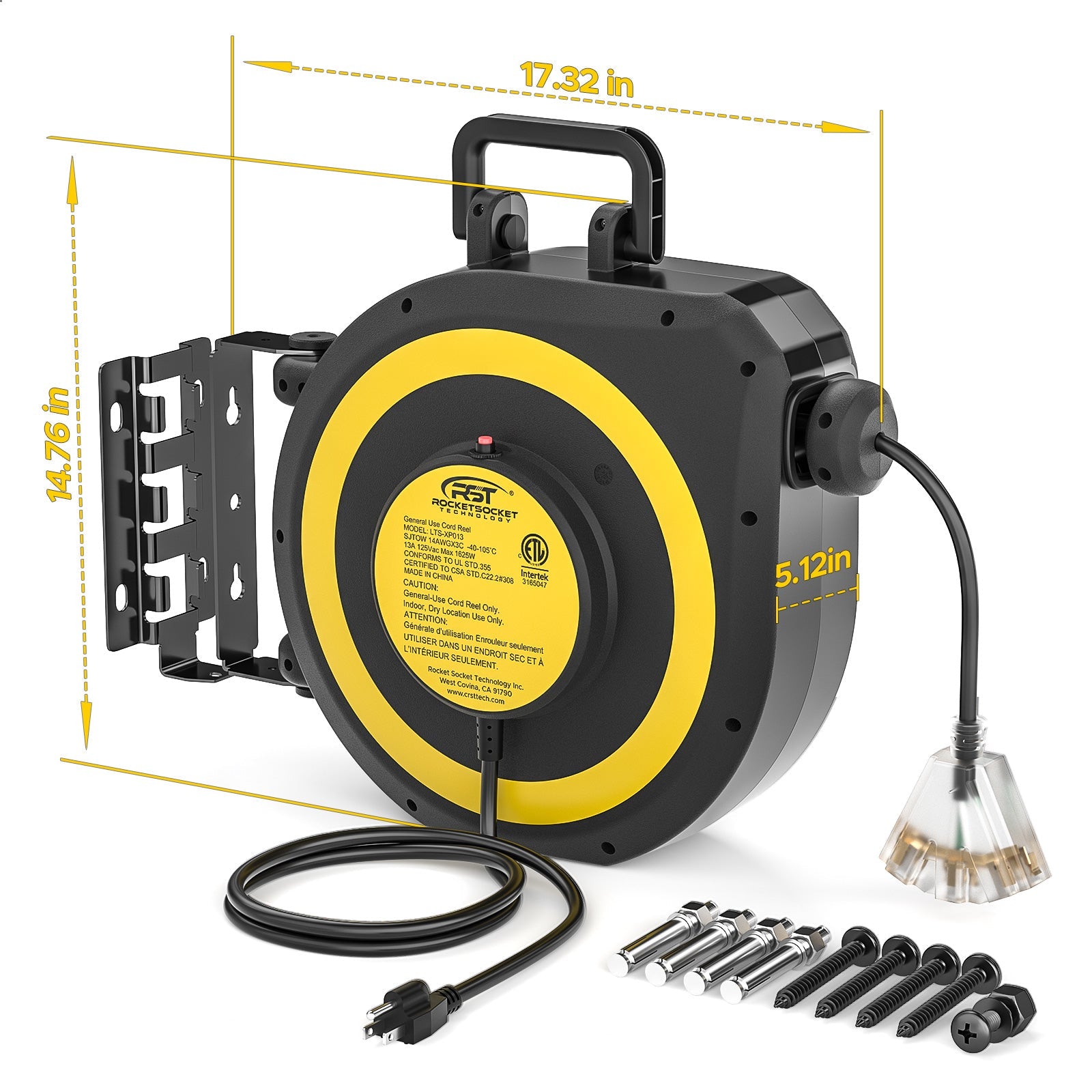 CRST 14AWG 50FT Retractable Extension Cord Reel with Handle 180° Swivel Bracket Automatic Retraction UL Listed 36 Months Warranty-1