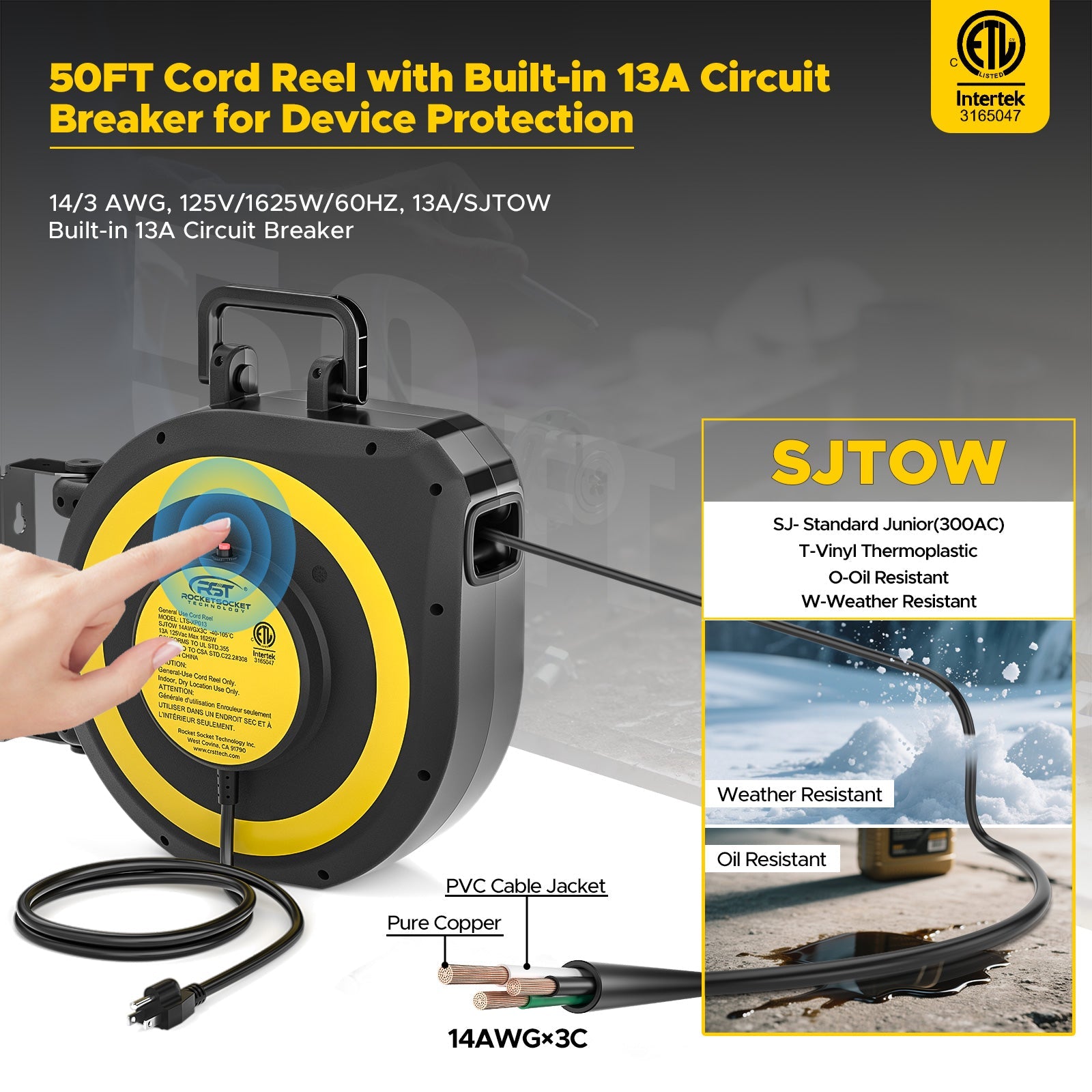 CRST 14AWG 50FT Retractable Extension Cord Reel with Handle 180° Swivel Bracket Automatic Retraction UL Listed 36 Months Warranty-4