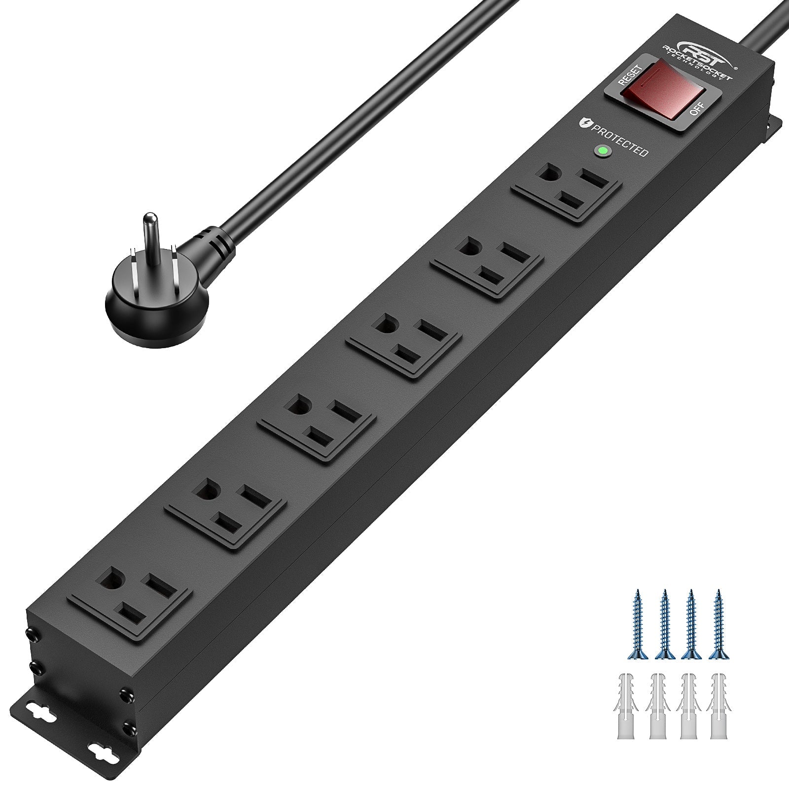 CRST 6 Outlets Wide Spaced Mountable Metal Power Strip Surge Protector, 6FT Flat Plug Power Cord, Mounting Kits Included-1