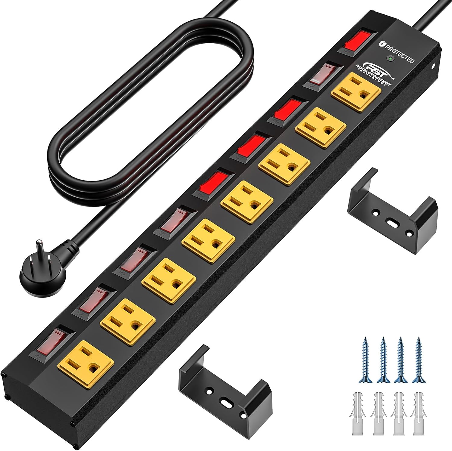 CRST 8 Outlet Metal Surge Protector Power Strip with Individual Switches, 15A Circuit Breaker 1200 Joules Protection 6FT Extension Cord and Mountable Kits Included-0