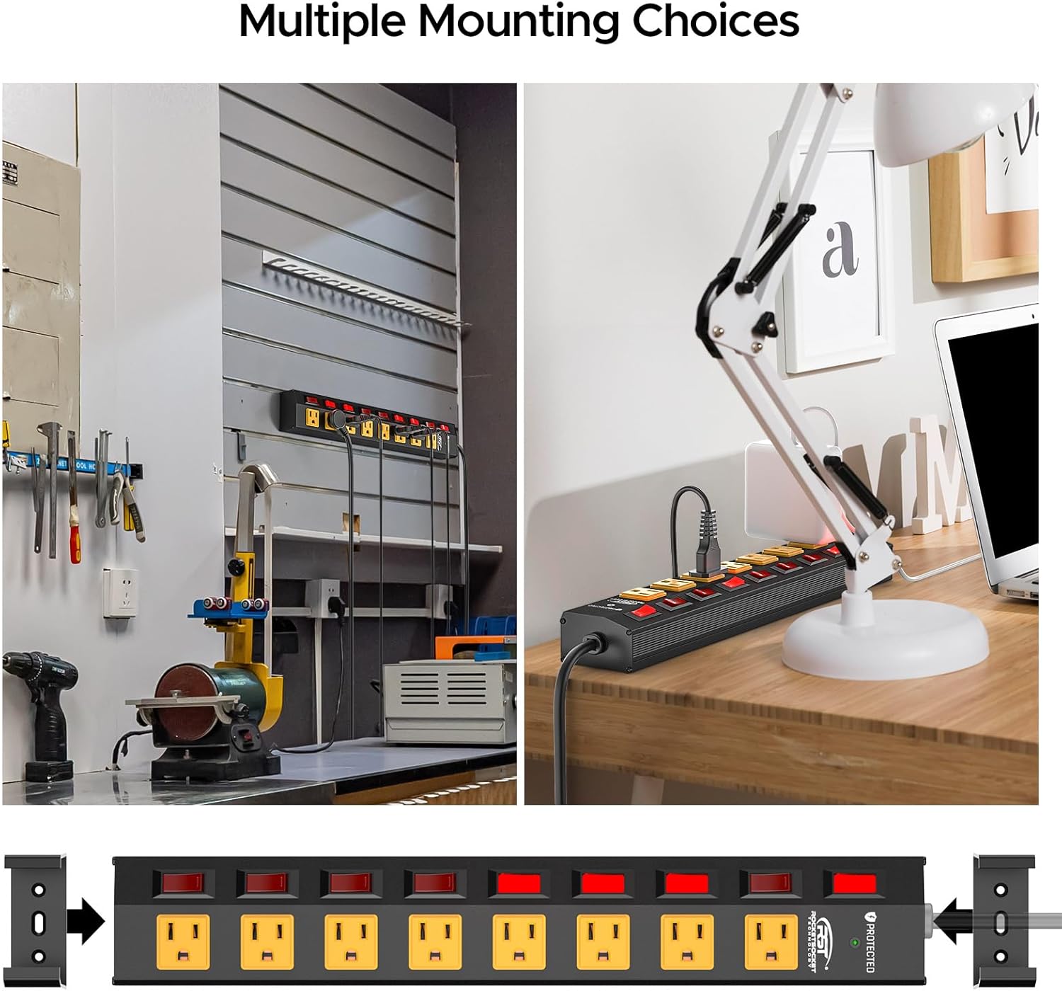CRST 8 Outlet Metal Surge Protector Power Strip with Individual Switches, 15A Circuit Breaker 1200 Joules Protection 6FT Extension Cord and Mountable Kits Included-2
