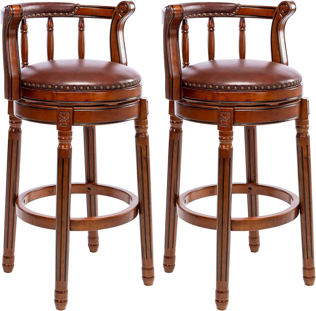 Cow Top Leather Wooden Bar Stools, 360 Degree Swivel Bar Height Chair with Backs for Home Kitchen Counter, Morden Chair Barstools (Brown 2Pcs, Bar Height-Seat Height 29.5”)-0
