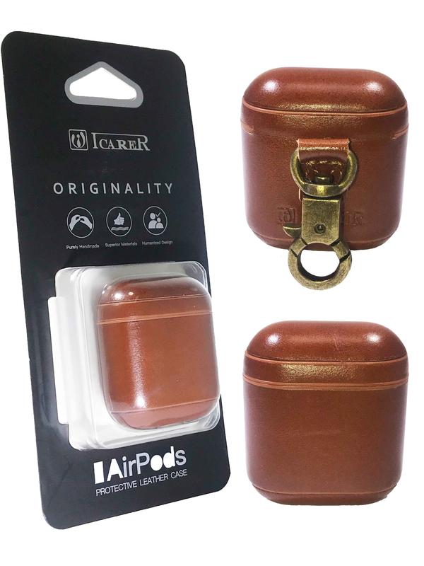 Brown Leather AirPods Case – Protective Shockproof Cover with Keychain